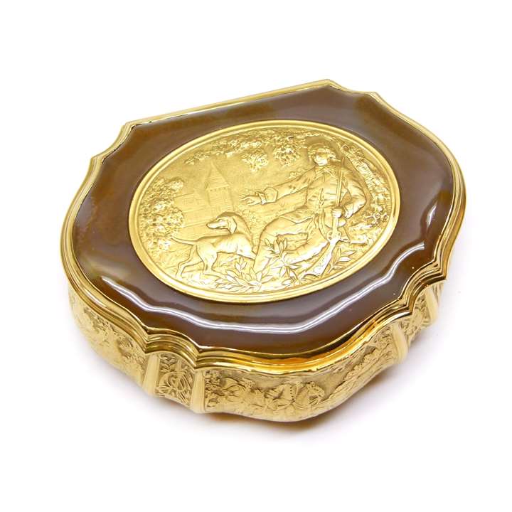 Antique German gold and agate box with hunting scenes